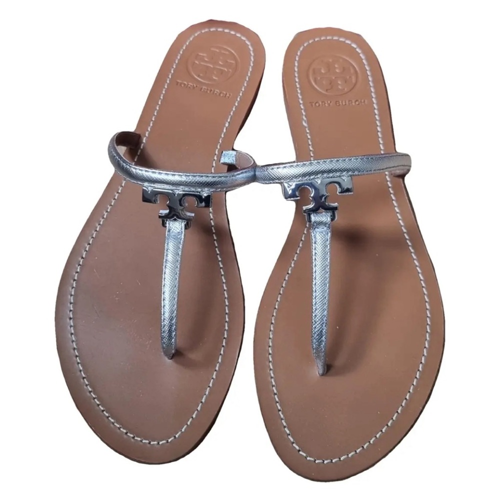Tory Burch T-strap Silver Leather Sandals Size 9.5